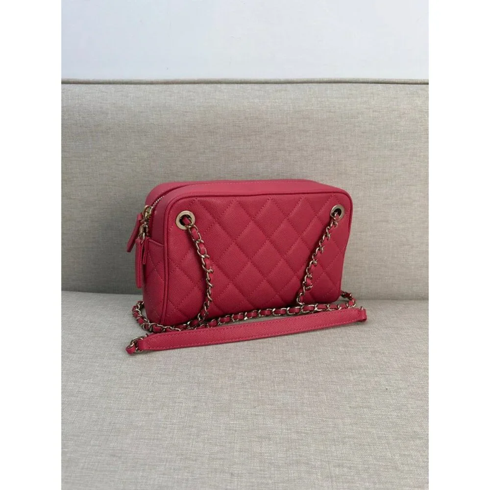 CHANEL Pink Red Caviar Camera Case Bag GHW
